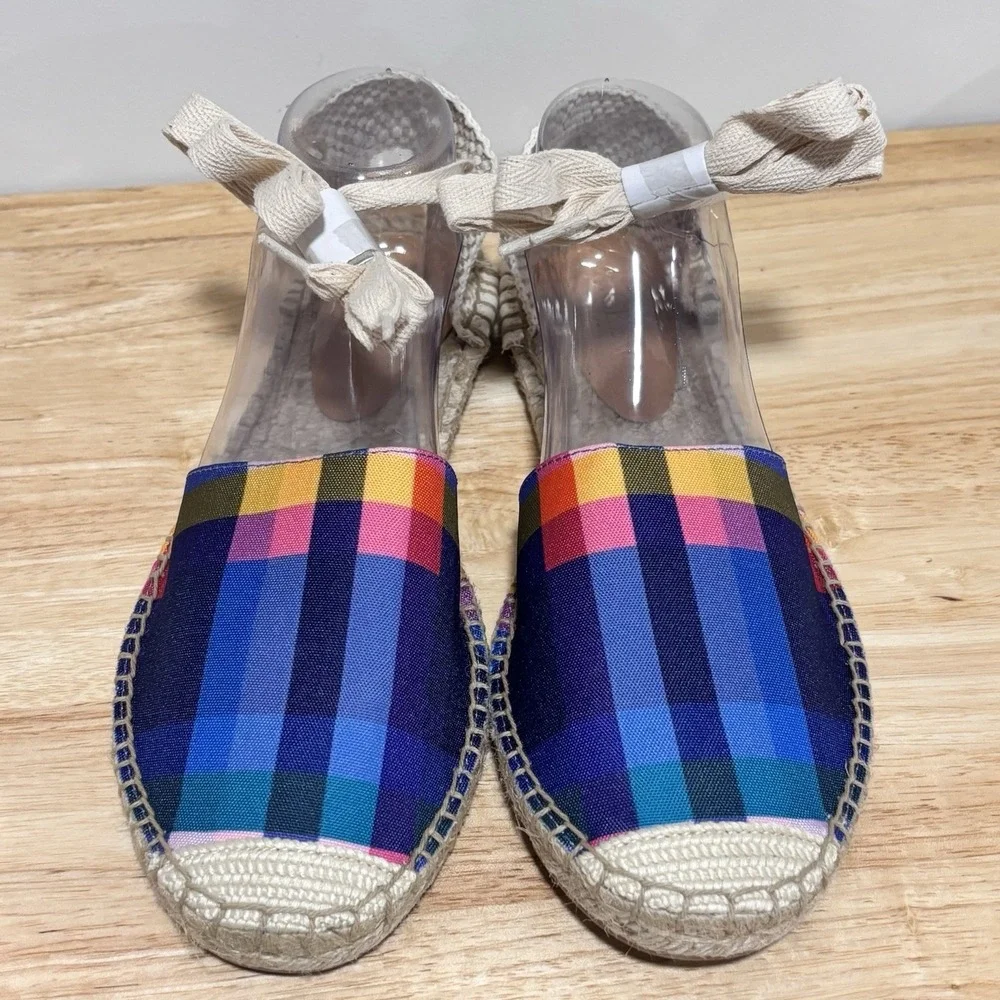 J. Crew Navy Blue Madras Plaid Ankle Tie D'Orsay Flat Espadrilles size 10.5 NEW